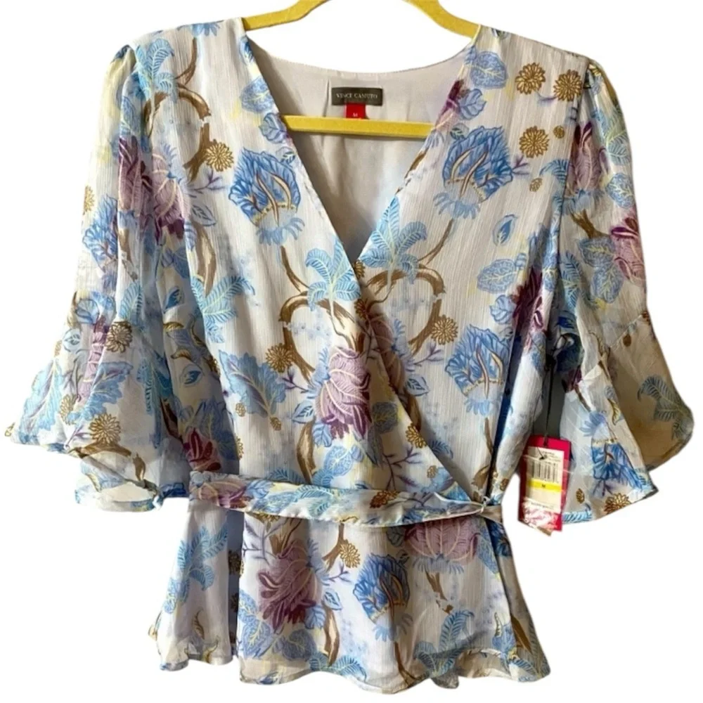 Vince Camuto Wrap Top, Floral, Sz M, Lined, Semi sheer, NWT, Patel, 9139024 - Picture 1 of 16